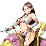  bare_shoulders bikini blue_eyes blush breasts cleavage covered_nipples cowboy_shot earrings from_side golden_axe grey_hair groin halterneck highres holding holding_sword holding_weapon jewelry large_breasts looking_at_viewer midriff misonou_hirokichi monster mount navel outstretched_arm parted_lips pouch riding saddle sagging_breasts simple_background solo string_bikini swimsuit sword thighs tyris_flare vambraces weapon white_background white_bikini 