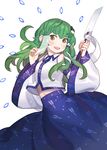  blush danmaku detached_sleeves gohei green_hair gwayo hair_tubes highres kochiya_sanae long_hair navel snake solo touhou yellow_eyes 