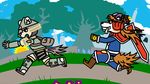  2015 absurd_res anthro armor claws clothed clothing fur hair hi_res kurvaz_soldier lizardite long_hair male melee_weapon open_mouth orange_hair outside red_savarin running solatorobo sword teeth video_games weapon 