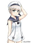  alternate_color blue_eyes clothes_writing don_(29219) hat kantai_collection sailor_hat short_hair silver_hair simple_background solo white_hat z1_leberecht_maass_(kantai_collection) 