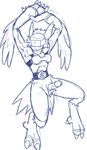  anthro armor balls belt big_paws blush claws digimon erection fangs feathers hair helmet humanoid_penis long_ears male mesozoid monochrome obstructed_eyes panting penis plain_background silphymon sketch solo toe_claws visor wings 