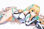  angela_balzac bare_shoulders blonde_hair blue_eyes boots breasts covered_navel elbow_gloves gloves hair_between_eyes hair_spread_out headgear highleg highleg_leotard highres knee_boots large_breasts leotard long_hair lying on_side parted_lips rakuen_tsuihou saitou_masatsugu scan shadow simple_background solo thigh_strap very_long_hair white_background 