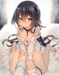  barefoot black_hair breasts collar holding_hands interlocked_fingers leash long_hair looking_at_viewer medium_breasts original out_of_frame pov pov_hands solo_focus yadapot 