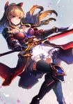  armor black_legwear boots bow breasts brown_hair cleavage gauntlets granblue_fantasy hair_bow holysnow long_hair looking_at_viewer medium_breasts petals red_eyes skirt smile solo sword thighhighs vira_lilie weapon 