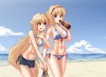  alice_margatroid beach bikini blonde_hair bottle breasts cleavage cloud day front-tie_top hater_(hatater) highres kirisame_marisa long_hair medium_breasts midriff multiple_girls navel non-web_source ocean outdoors sand shorts side-tie_bikini sky swimsuit thick_eyebrows touhou very_long_hair yellow_eyes 