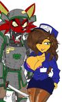  2015 akatsukishiranui-fox animatronic armor big_breasts breasts canine cleavage clothed clothing female five_nights_at_freddy&#039;s fox foxy_(fnaf) huge_breasts human machine male mammal mechanical melee_weapon robot sword teeth video_games weapon 