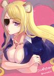  angelica_(show_by_rock!!) animal_ears blonde_hair breasts cleavage crossed_arms eyepatch jewelry large_breasts long_hair looking_at_viewer lying momoshiki_tsubaki necklace on_stomach pink_background purple_eyes show_by_rock!! simple_background solo twitter_username 