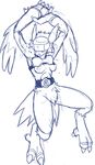  anthro armor belt big_paws blush breasts claws digimon fangs feathers female hair helmet long_ears mesozoid monochrome nipples obstructed_eyes panting plain_background silphymon sketch solo toe_claws visor wings 