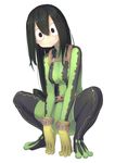  absurdres asui_tsuyu bodysuit boku_no_hero_academia frog_girl full_body green_bodysuit highres long_hair looking_at_viewer oruka_(kamituki0827) simple_background solo squatting white_background 