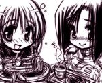  2girls drink food gundam gundam_lost_war_chronicles hirowa_nagi military_uniform monochrome multiple_girls noel_anderson tea uniform yuki_nakasato 