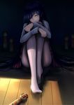  black_hair brown_eyes front-seamed_legwear hair_over_one_eye hayashimo_(kantai_collection) highres horror_(theme) kantai_collection kirieroido_iii kokeshi long_hair looking_at_viewer pantyhose parted_lips seamed_legwear sitting skirt solo very_long_hair 