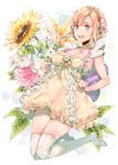  backpack bag blue_eyes dsmile flower hair_flower hair_ornament hairband legs_up miniskirt orange_hair original skirt solo sunflower thighhighs white_legwear 