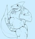 anthro blue_background butt claws diphallism erection fin fish gills humanoid_penis iceman1984 kemono looking_at_viewer male marine markings monochrome multi_penis muscles navel nude open_mouth overweight penis plain_background shark sketch solo tail_between_legs tongue tongue_out towel wet 