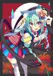  :d absurdres animal_ears blue_hair braid cat_ears cat_tail choker elbow_gloves facial_mark fangs fire flower gloves hair_flower hair_ornament highres kyona_(konakona) multicolored multicolored_eyes open_mouth original pleated_skirt skirt smile solo tail thighhighs twin_braids white_legwear 