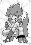  anklet anthro armor balls black_and_white blush bracer crouching digimon ear_piercing fangs flaccid flamemon fluffy_tail greyscale horn jewelry kemono male markings monochrome nude open_mouth penis piercing plain_background pointy_ears solo さかもと 