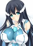  aqua_eyes black_hair bodysuit breasts highres large_breasts light_smile long_hair looking_at_viewer magical_girl nanakorobi_yaoki shiny shiny_clothes solo tougou_mimori yuuki_yuuna_wa_yuusha_de_aru yuusha_de_aru 