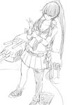  breasts cleavage gloves greyscale highres kantai_collection long_hair mecha_musume medium_breasts monochrome niwatazumi ponytail serious single_thighhigh sketch skirt solo thighhighs very_long_hair yahagi_(kantai_collection) 