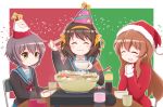  3girls :d ^_^ armband asahina_mikuru bangs black_cardigan blue_sailor_collar blue_skirt blush bottle bow bowl brown_eyes brown_hair cardigan chair chopsticks christmas closed_eyes closed_mouth commentary_request cup eyebrows_visible_through_hair eyes_closed facing_viewer folding_chair fur-trimmed_hat goth_risuto hair_between_eyes hair_bow hairband hands_up hat heart holding holding_bowl holding_chopsticks hotpot long_hair mittens multiple_girls nagato_yuki on_chair open_mouth own_hands_together party_hat red_bow red_hat sailor_collar santa_costume santa_hat sitting skirt smile star suzumiya_haruhi suzumiya_haruhi_no_shoushitsu suzumiya_haruhi_no_yuuutsu table very_long_hair white_mittens yellow_bow yellow_hairband 
