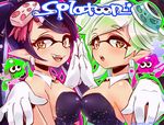  2girls :d aori_(splatoon) blush copyright_name detached_collar domino_mask fang food food_on_head gloves hotaru_(splatoon) kawasaki_ako long_hair mask mole mole_under_eye multiple_girls object_on_head open_mouth orange_eyes pointy_ears short_hair smile splatoon_(series) splatoon_1 squid sushi twitter_username white_gloves 