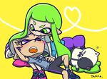  1girl bike_shorts blue_hair blush cat couple domino_mask dress_shirt eye_contact fangs green_eyes green_hair heart hetero inkling jajji-kun_(splatoon) lap_pillow looking_at_another mask pillow pointy_ears ponytail purple_eyes purple_hair shirt shoes sitting sneakers splatoon_(series) splatoon_1 t-shirt tama_2400 tentacle_hair yellow_background 