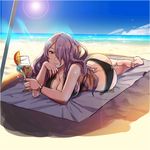  ass bangs barefoot beach beach_towel bikini black_bikini blue_sky bracelet breasts camilla_(fire_emblem_if) day fire_emblem fire_emblem_if food fruit goblet hair_over_one_eye hand_to_own_mouth holding horizon jewelry kozaki_yuusuke large_breasts lens_flare lips long_hair looking_at_viewer lying ocean official_art orange orange_slice outdoors purple_eyes purple_hair shade side-tie_bikini sky smile solo sun sunlight swimsuit towel tropical_drink 