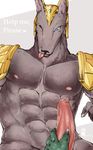  abs animated anthro anubian big_penis blue_eyes brown_fur canine claws deity edit english_text erection front_view fur game_(disambiguation) gem grey_fur handjob helmet humanoid jackal looking_at_viewer male mammal muscles nasus nipples one_eye_closed penis renekton shoulder_pads text tongue tongue_out uncensored uncut 