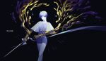  1other absurdres androgynous bangs blue_eyes blue_hair blunt_bangs copyright_name crystal_hair dark_background gold golden_arms highres houseki_no_kuni looking_at_viewer necktie phosphophyllite phosphophyllite_(ll) see-through_sleeves short_hair solo spoilers sword weapon white_skin 