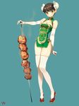  aqua_background bare_hips bare_shoulders blush bun_cover china_dress chinese_clothes double_bun dress elbow_gloves food full_body gloves green_eyes highres holding kebab looking_at_viewer original oversized_food oversized_object short_hair signature simple_background smile solo standing thighhighs tsingtao white_gloves white_legwear yang-do 