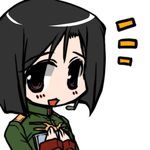  1girl black_hair chibi female gundam gundam_lost_war_chronicles headset hirowa_nagi military_uniform simple_background solo uniform upper_body yuki_nakasato 