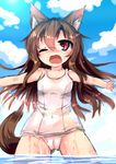 animal_ears blush brown_hair imaizumi_kagerou karasuma_amiru old_school_swimsuit open_mouth outstretched_arms red_eyes school_swimsuit skindentation smile swimsuit tail touhou water wet wet_clothes white_school_swimsuit white_swimsuit wolf_ears wolf_tail 