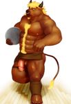  2014 abs anthro ball balls blonde_hair body_hair bovine brown_fur butt cattle chest_hair clothed clothing facial_hair facial_piercing fist frown fur goatee greaves hair half-dressed half-erect happy_trail horn humanoid_penis iceman1984 kemono loincloth looking_at_viewer male mammal muscles nipples nose_piercing nose_ring on_one_leg pecs penis penis_slip piercing retracted_foreskin scar solo standing tail_tuft topless tuft uncut wood yellow_eyes 
