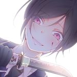  backlighting black_gloves black_hair black_neckwear blood commentary_request dutch_angle face gloves holding holding_weapon looking_at_viewer male_focus military military_uniform necktie purple_eyes sakurapain6918 solo tantou touken_ranbu uniform weapon white_background yagen_toushirou 