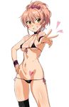  bad_id bad_twitter_id bikini black_bikini breasts chikuishi grin hand_on_hip heart heart_tattoo idolmaster idolmaster_cinderella_girls jougasaki_mika medium_breasts micro_bikini pink_hair ponytail short_hair side-tie_bikini simple_background smile solo swimsuit tattoo v white_background yellow_eyes 