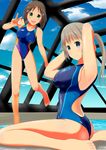  armpits arms_behind_head ass barefoot blue_eyes blue_sky blush breasts brown_hair cloud collarbone competition_swimsuit covered_navel covered_nipples day from_side green_eyes highleg highleg_swimsuit kawagoe_ibuki light_brown_hair long_hair looking_at_viewer majikaru_bushi multiple_girls one-piece_swimsuit open_mouth ponytail poolside rei_no_pool shibaguchi_konomi shiny shiny_clothes short_hair sideboob sitting skin_tight sky smile standing standing_on_one_leg swimsuit tetsudou_musume v wariza 