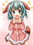  :d animal_ears aqua_eyes aqua_hair blouse blush fang hands_on_own_face ishimori_sakana kasodani_kyouko long_sleeves looking_at_viewer open_mouth pink_background short_hair skirt smile solo striped striped_background tail touhou 