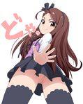  brown_hair doyagao from_below frown hair_ribbon idolmaster idolmaster_(classic) long_hair looking_back mamezou minase_iori no_panties pussy ribbon skirt smug solo thighhighs upskirt 