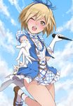  ;d aizawa_masaya alternate_costume bad_id bad_pixiv_id blonde_hair brown_eyes djeeta_(granblue_fantasy) gloves granblue_fantasy highres kimi_to_boku_no_mirai leg_up microphone one_eye_closed open_mouth outstretched_arm short_hair smile solo white_gloves 