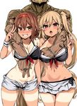  2girls :d american_flag asanagi beard bikini_tan bikini_top blonde_hair blush bracelet breast_grab breasts brown_hair cleavage dark_skin dark_skinned_male earrings facial_hair full_body_tattoo grabbing grin groin hairband heart heart-shaped_pupils hetero jewelry jpeg_artifacts kantai_collection large_breasts long_hair looking_at_viewer midriff multiple_girls murasame_(kantai_collection) navel necklace open_mouth pink_eyes red_hairband ring shiratsuyu_(kantai_collection) shorts simple_background smile symbol-shaped_pupils tan tanline tattoo teeth tongue twintails unbuttoned unzipped v white_background 