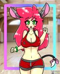  big_breasts bovine breasts cattle cleavage clothed clothing female green_eyes gym_clothes hair halotroll human mammal open_mouth pink_hair running workout wristband 