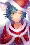  animal_ears dated green_eyes green_hair looking_at_viewer male_focus momoshiki_tsubaki one_eye_closed riku_(show_by_rock!!) santa_costume show_by_rock!! smile solo 