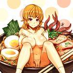  bangs blonde_hair blush bowl breasts chopsticks egg food in_bowl in_container in_food knees_to_chest large_breasts light_smile long_hair meat minigirl nakiri_erina navel noodles panties partially_submerged purple_eyes seaweed shokugeki_no_souma sieyarelow signature socks solo tentacles topless udon underwear underwear_only white_legwear white_panties 