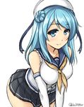  blue_eyes blue_hair breasts don_(29219) double_bun elbow_gloves gloves hat kantai_collection large_breasts long_hair school_uniform serafuku sleeves_rolled_up smile solo urakaze_(kantai_collection) white_hat yellow_neckwear 