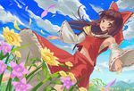  bow brown_hair cloud day detached_sleeves field flower flower_field hair_bow hair_tubes hakurei_reimu long_hair md5_mismatch muireko open_mouth sarashi sky smile solo touhou 