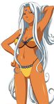  aa_megami-sama bangle bangs bikini bracelet breasts dark_skin facial_mark forehead_mark highres jewelry large_breasts navel purple_eyes smile swimsuit urd white_hair 