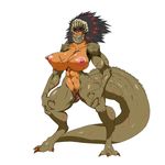  3_fingers 3_toes big_breasts big_tail black_hair breasts capcom claws darth_saburou deviljho digitigrade female hair mask monster_hunter multicolored_hair muscles plain_background pussy red_highlights scalie scar sharp_teeth teeth toes video_games white_background 