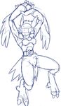  ambiguous_gender anthro armor belt big_paws claws digimon fangs feathers hair helmet long_ears mesozoid monochrome obstructed_eyes plain_background silphymon sketch solo toe_claws visor wings 