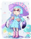  blooper blue_eyes blue_hair boots company_connection crossover domino_mask flower hair_flower hair_ornament inkling jellyfish jellyfish_(splatoon) liruty long_hair mario_(series) mask puddle rain rainbow raincoat rubber_boots splatoon_(series) splatoon_1 super_mario_bros. tentacle_hair umbrella 