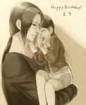  1girl carrying dated hal_(sakurajam) happy_birthday long_hair monochrome naruto naruto_(series) ponytail short_hair time_paradox uchiha_itachi uchiha_sarada uncle_and_niece 