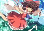  anime_coloring bow brown_eyes brown_hair cross_(crossryou) danmaku detached_sleeves dutch_angle floating gohei hair_bow hair_tubes hakurei_reimu short_hair solo touhou 