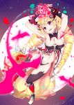  :d blonde_hair breasts cleavage detached_collar drill_hair fangs highres horns kyona_(konakona) long_hair looking_at_viewer medium_breasts million_arthur_(series) navel open_mouth red_eyes smile solo thighhighs twin_drills 